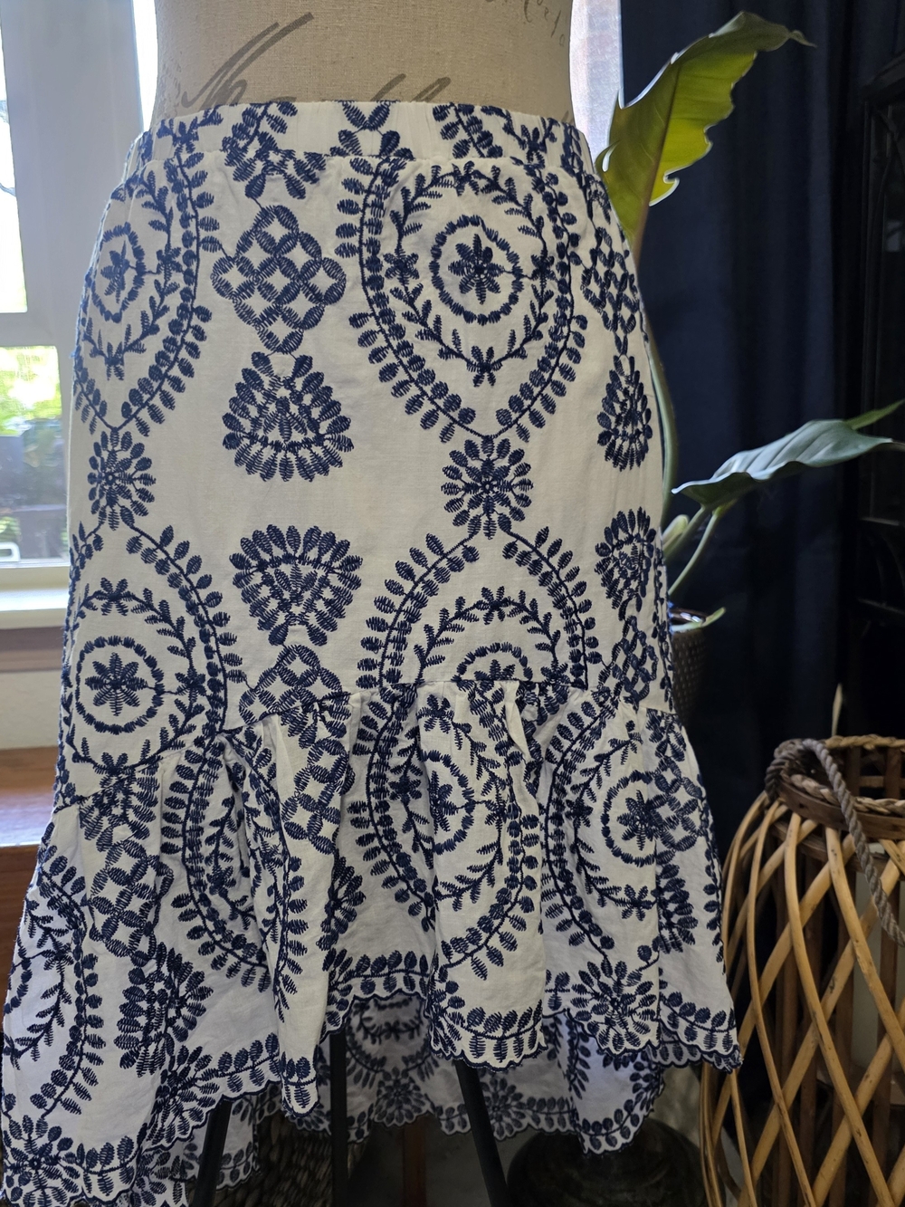 Adiva White Skirt with Navy Blue Embroidered Medallions High Low